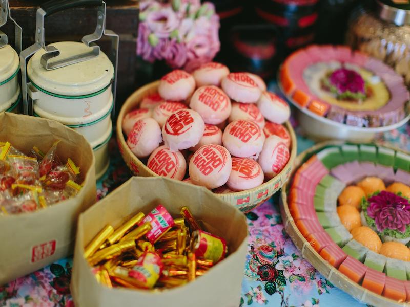 Penang, Malaysia - June 06, 2017 : A beautiful decoration of an assortment of food and tit bits during a chinese wedding at Georgetown 2C92AKF Penang, Malaysia - June 06, 2017 : A beautiful decoration of an assortment of food and tit bits during a chinese wedding at Georgetown