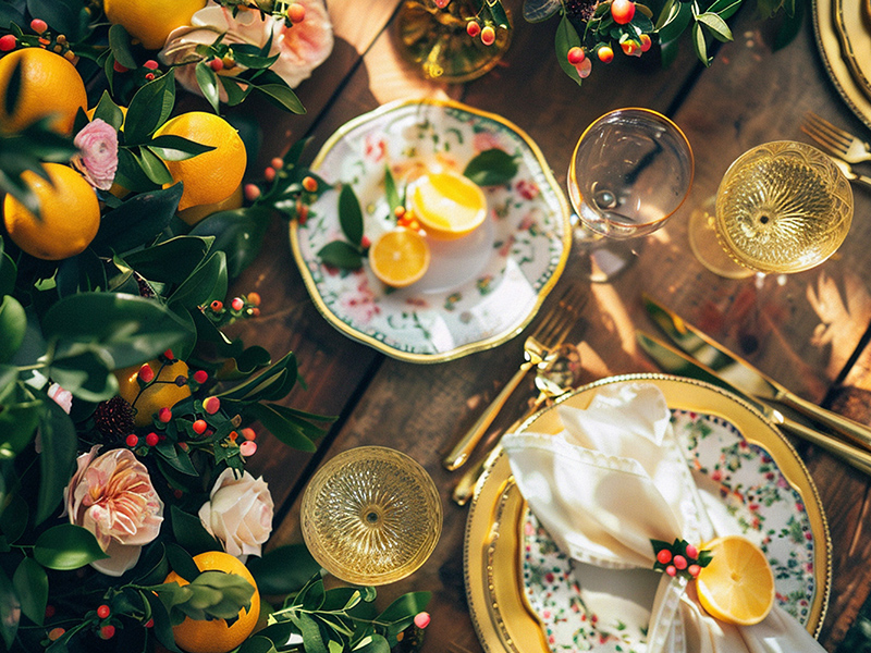 Table decor with fruits in citrus garden, holiday tablescape and dinner table setting, formal event decoration for wedding, family celebration, English country and home styling