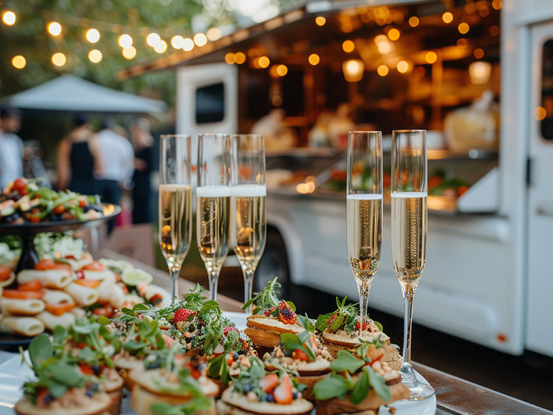 A white food truck is parked outside with a table full of food and drinks