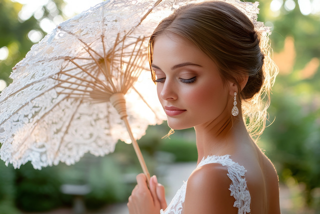 Bride holding a parasol while standing in a sunlit garden Bride holding a parasol, standing in a sunlit garden, intricate lace parasol casting delicate shadows on her face, elegant wedding gown with vintage-inspired details, soft golden light filtering through trees, dreamy and romantic atmosphere --ar 16:9 --style raw --profile el3l6h8 xahs6ri --v 6.1 Job ID: 8499fbed-333b-46cd-beeb-0cc5532203c5