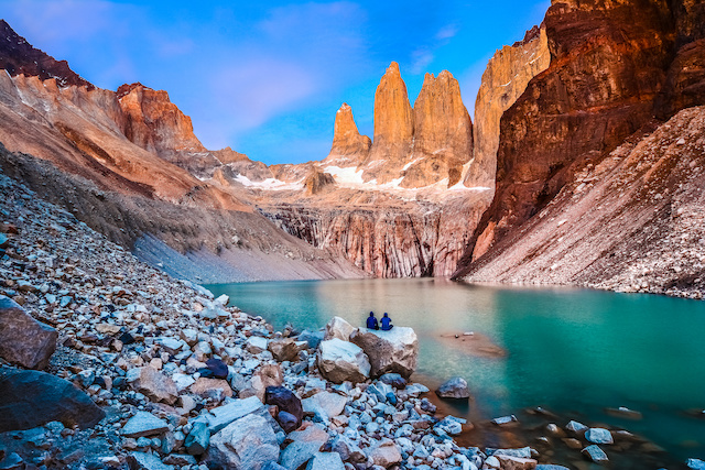 Laguna torres with the towers at sunrise, Torres del Paine National Park, Patagonia, Chile